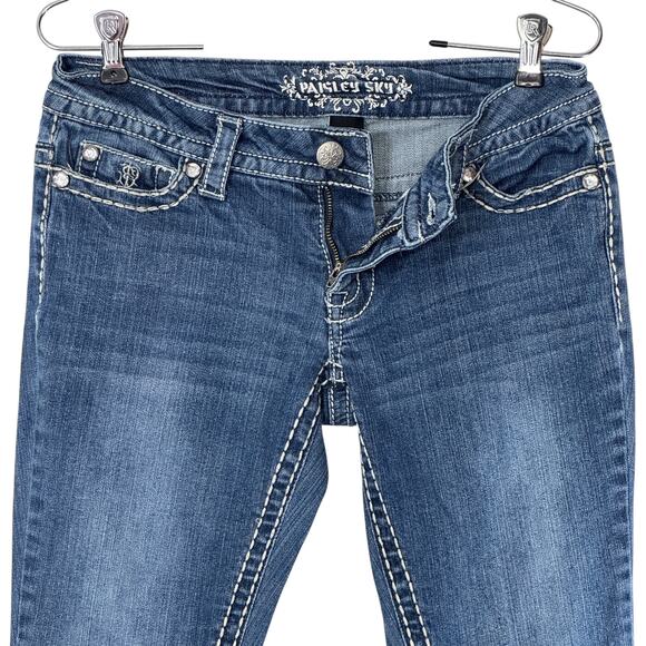 VTG Y2k Bling Low Rise Bootcut Jeans Paisley Sky 4 Stretch Cowgirl Boho Western - Picture 3 of 16